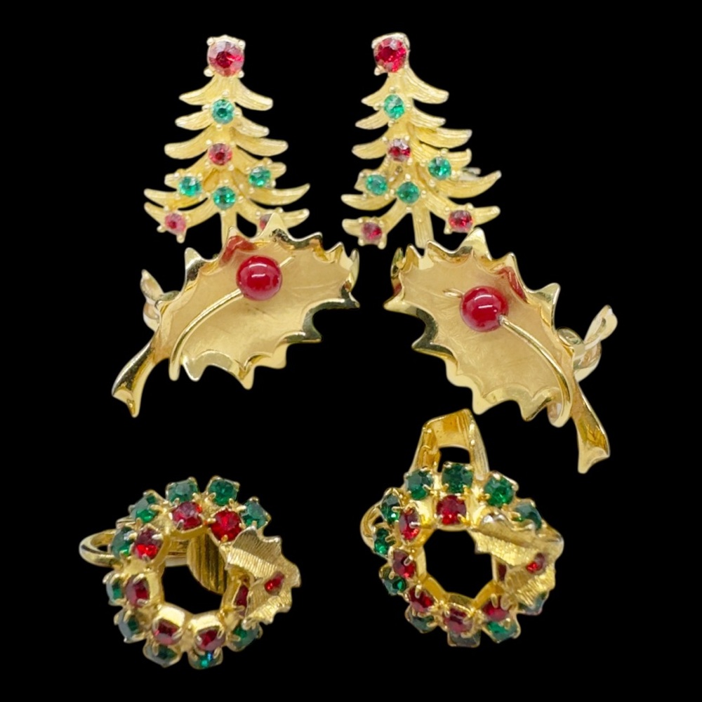 Vintage Holiday Rhinestone & Gold Filled Clip On Earrings Lot